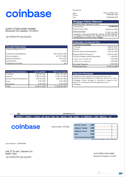 Download USA Coinbase mortgage statement in Word and PDF formats Photoshop template